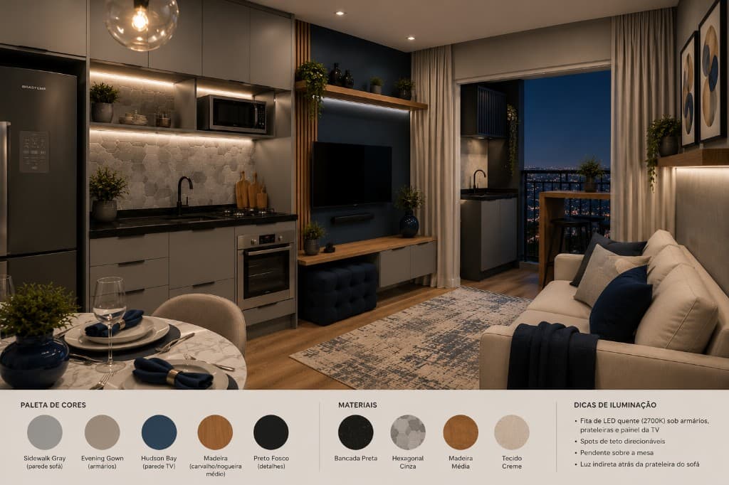 Sala aconchegante com cozinha integrada, paleta Hudson Bay e iluminação quente