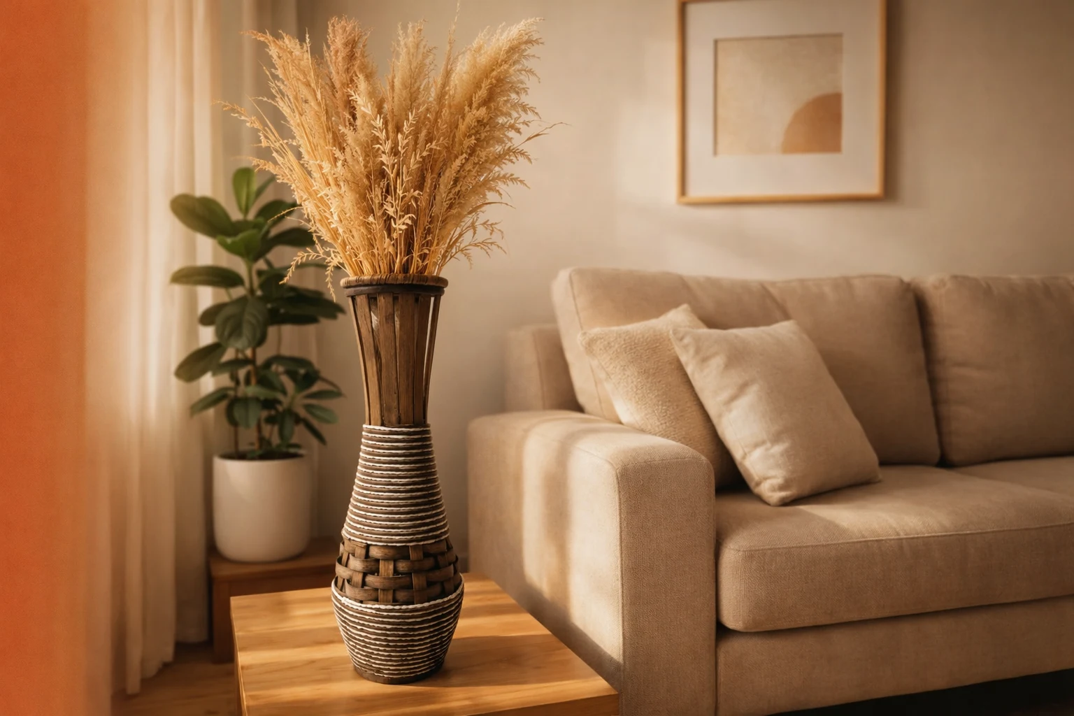 Vaso Decorativo para Sala 51cm, Vaso de Chão Decorativo Grande, Vaso para Capim dos Pampas, Estilo Rústico Trançado em um ambiente decorado